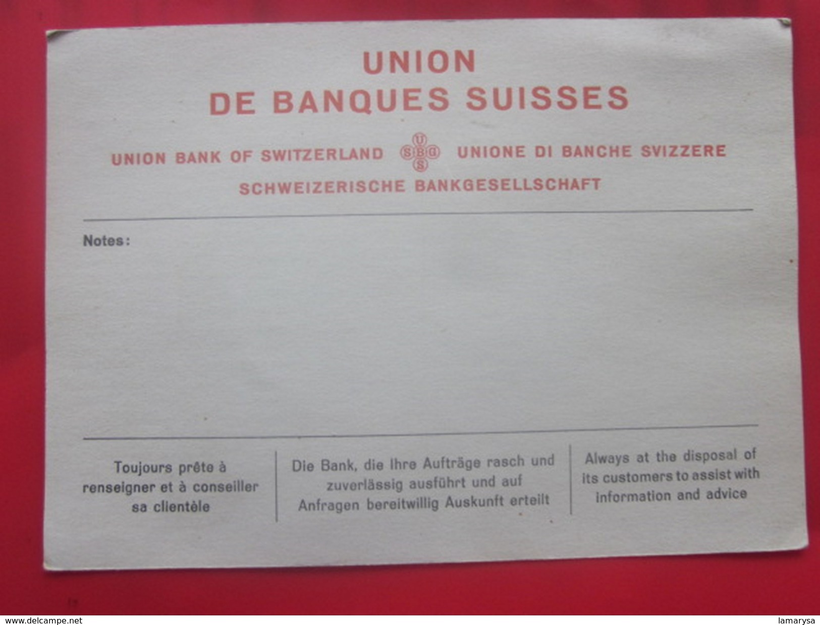 UNION DES BANQUES SUISSES SIÈGE CENTRAL A ZURICH Facture & Document Commercial - Banque & Assurance