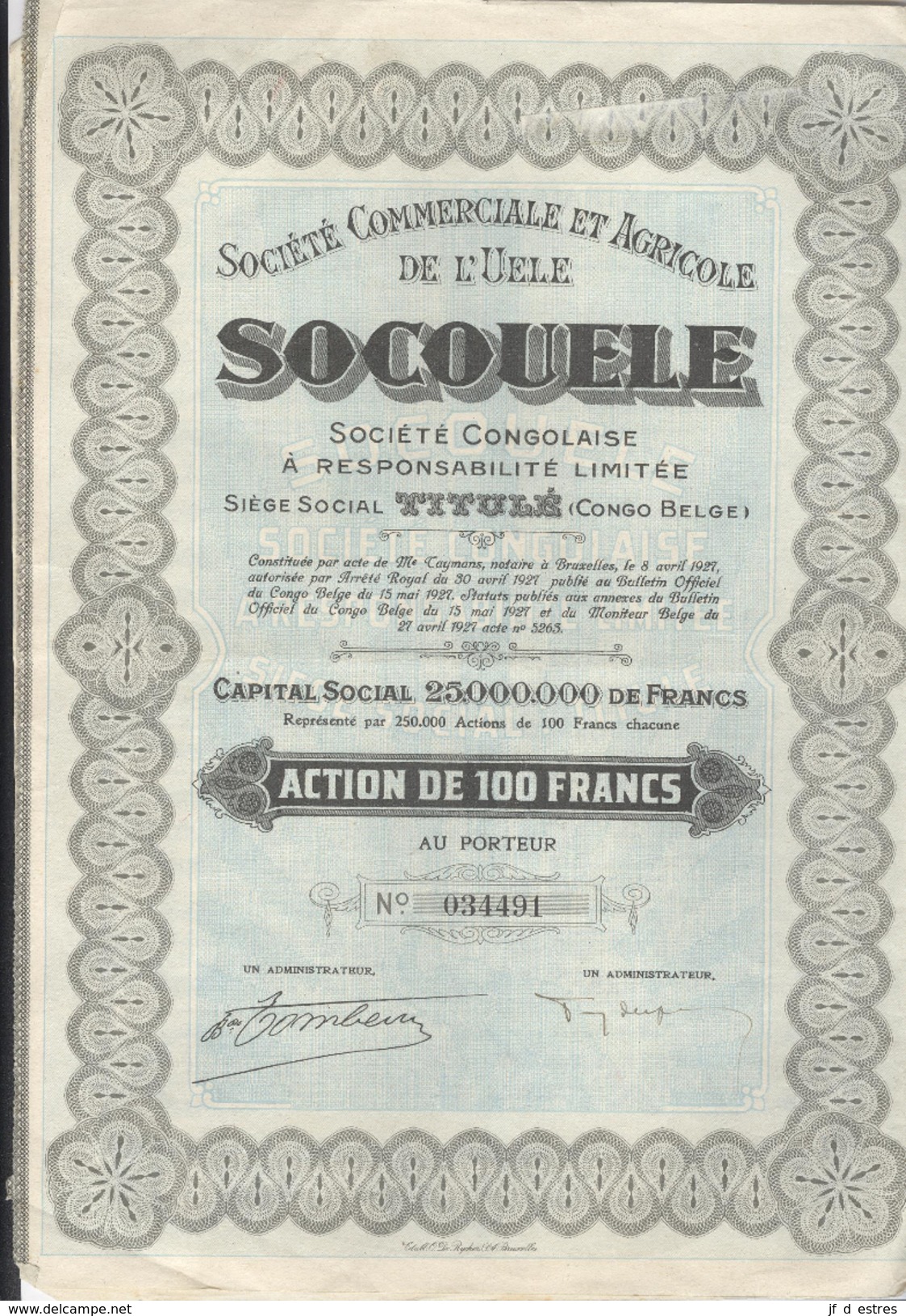 SocoUele Société Commerciale Et Agricole De L'Uélé. Société Congolaise RL Action De 100 Francs + Coupons 1927 3 Actions - S - V