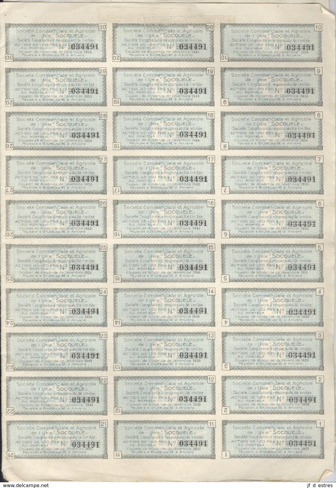 SocoUele Société Commerciale Et Agricole De L'Uélé. Société Congolaise RL Action De 100 Francs + Coupons 1927 3 Actions - S - V