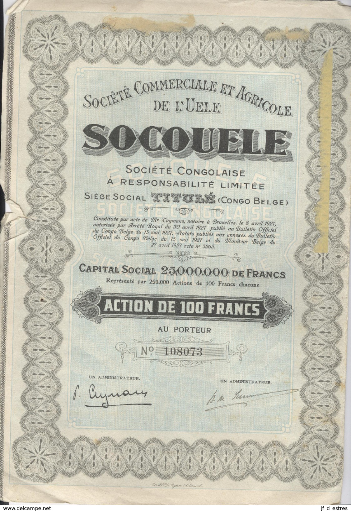 SocoUele Société Commerciale Et Agricole De L'Uélé. Société Congolaise RL Action De 100 Francs + Coupons 1927 3 Actions - S - V