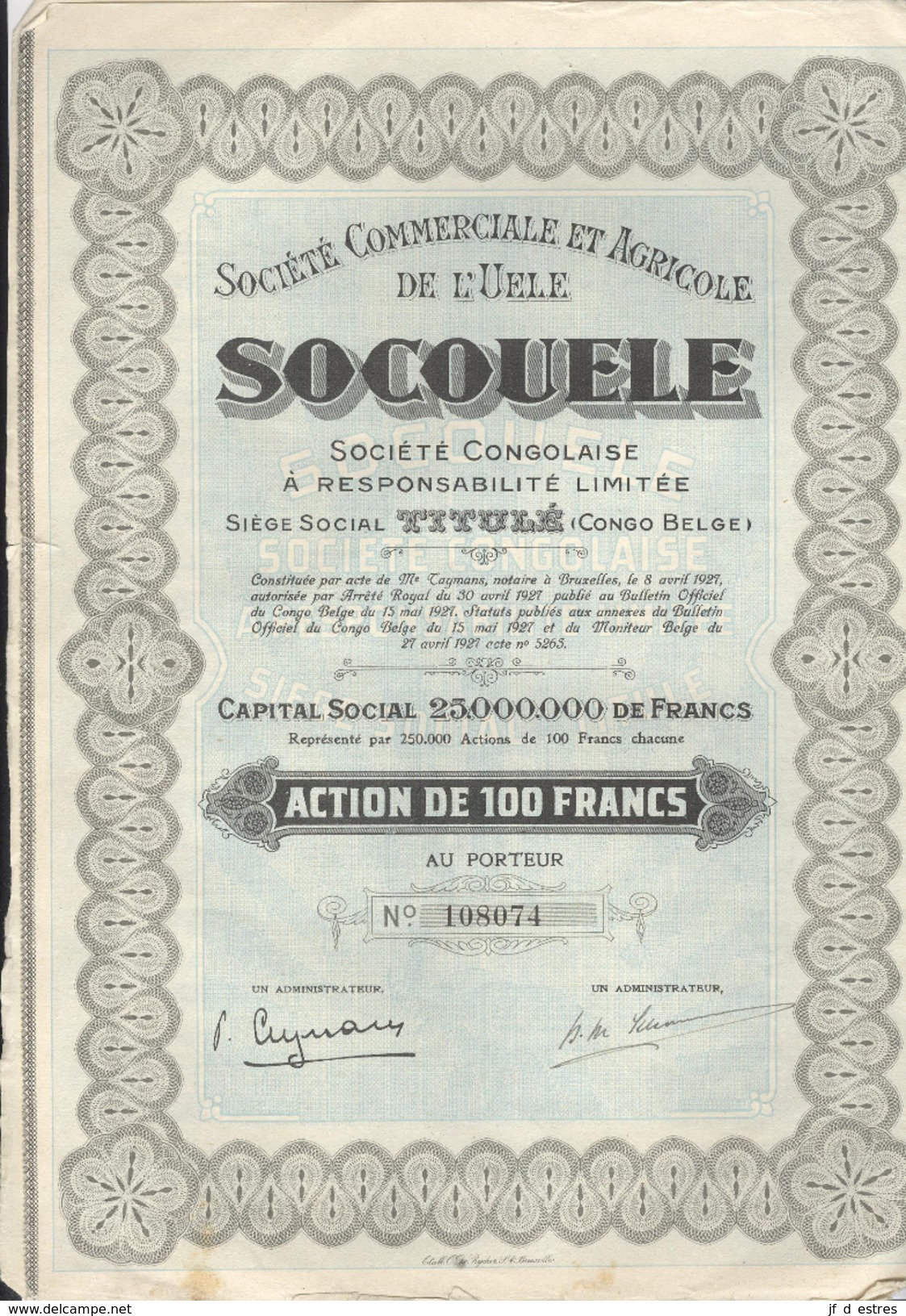 SocoUele Société Commerciale Et Agricole De L'Uélé. Société Congolaise RL Action De 100 Francs + Coupons 1927 2 Actions - S - V