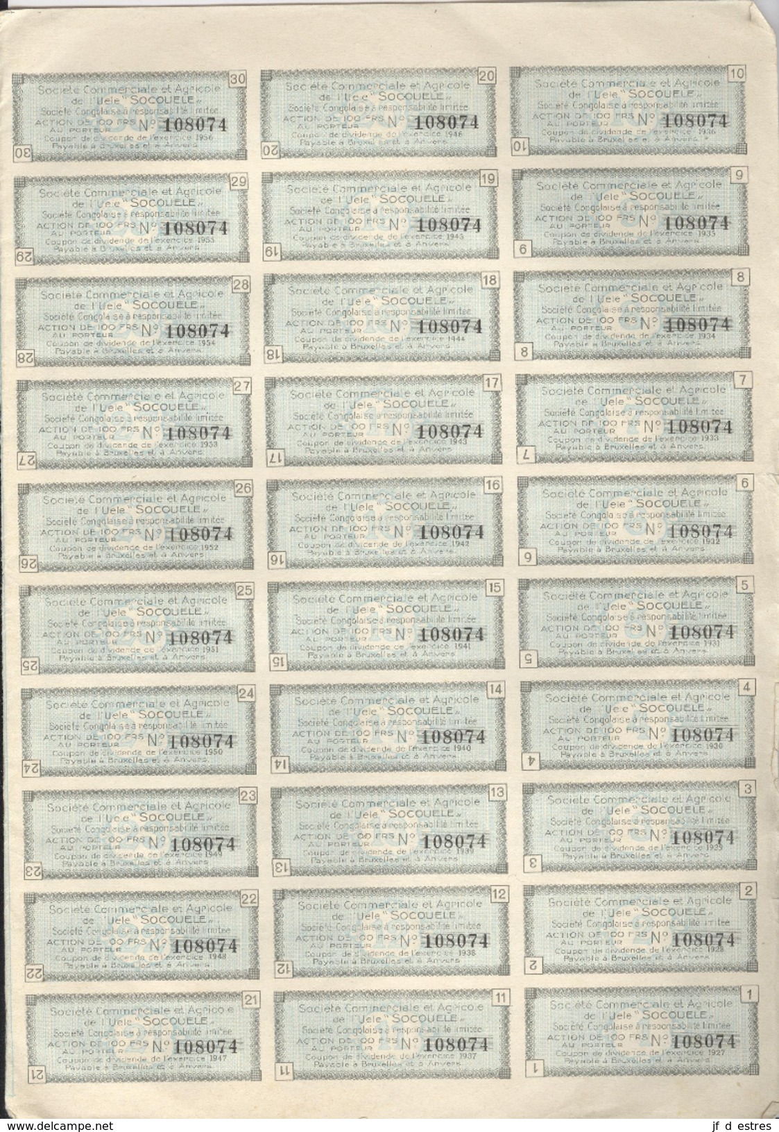 SocoUele Société Commerciale Et Agricole De L'Uélé. Société Congolaise RL Action De 100 Francs + Coupons 1927 2 Actions - S - V