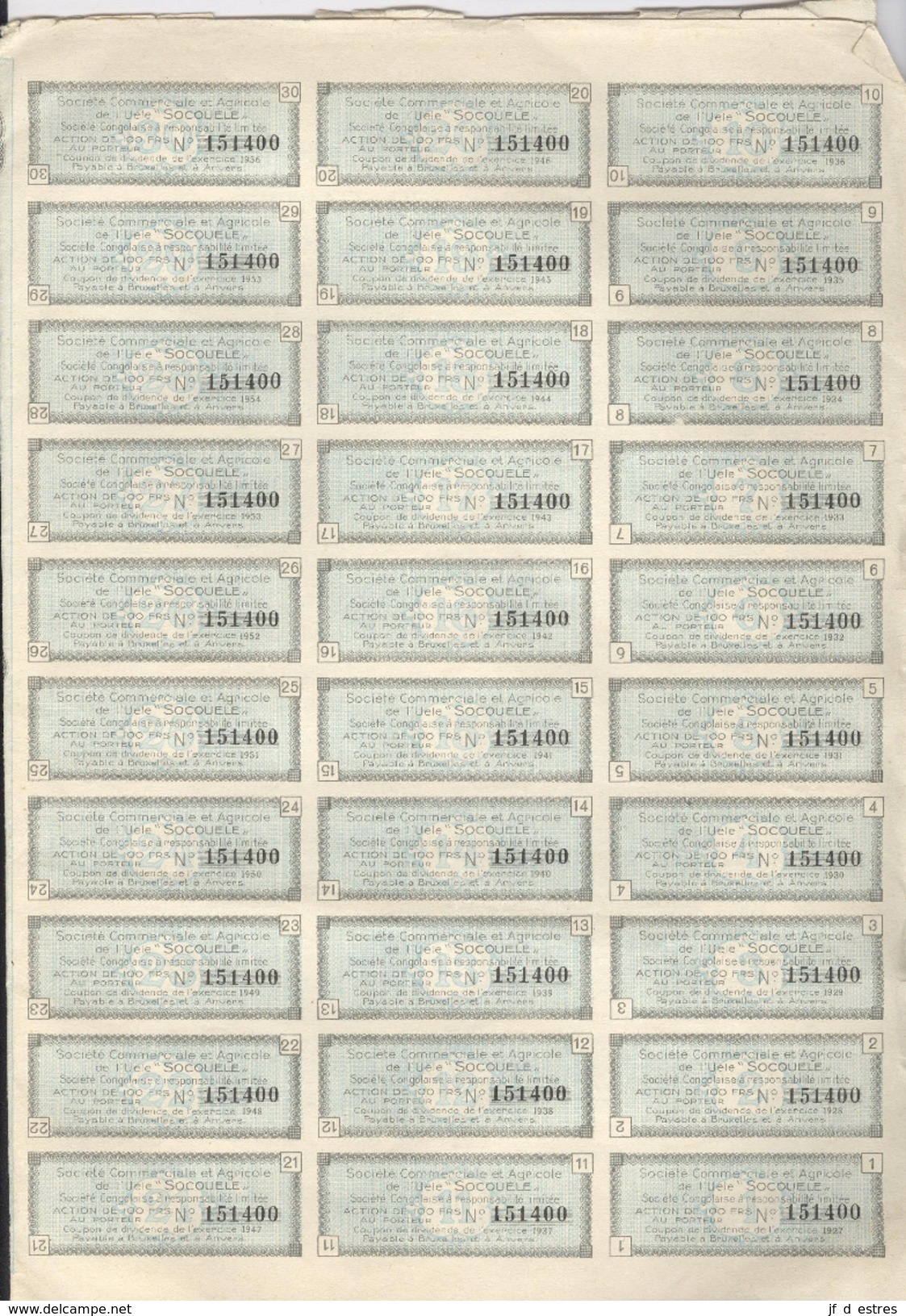 SocoUele Société Commerciale Et Agricole De L'Uélé. Société Congolaise RL Action De 100 Francs + Coupons 1927 2 Actions - S - V