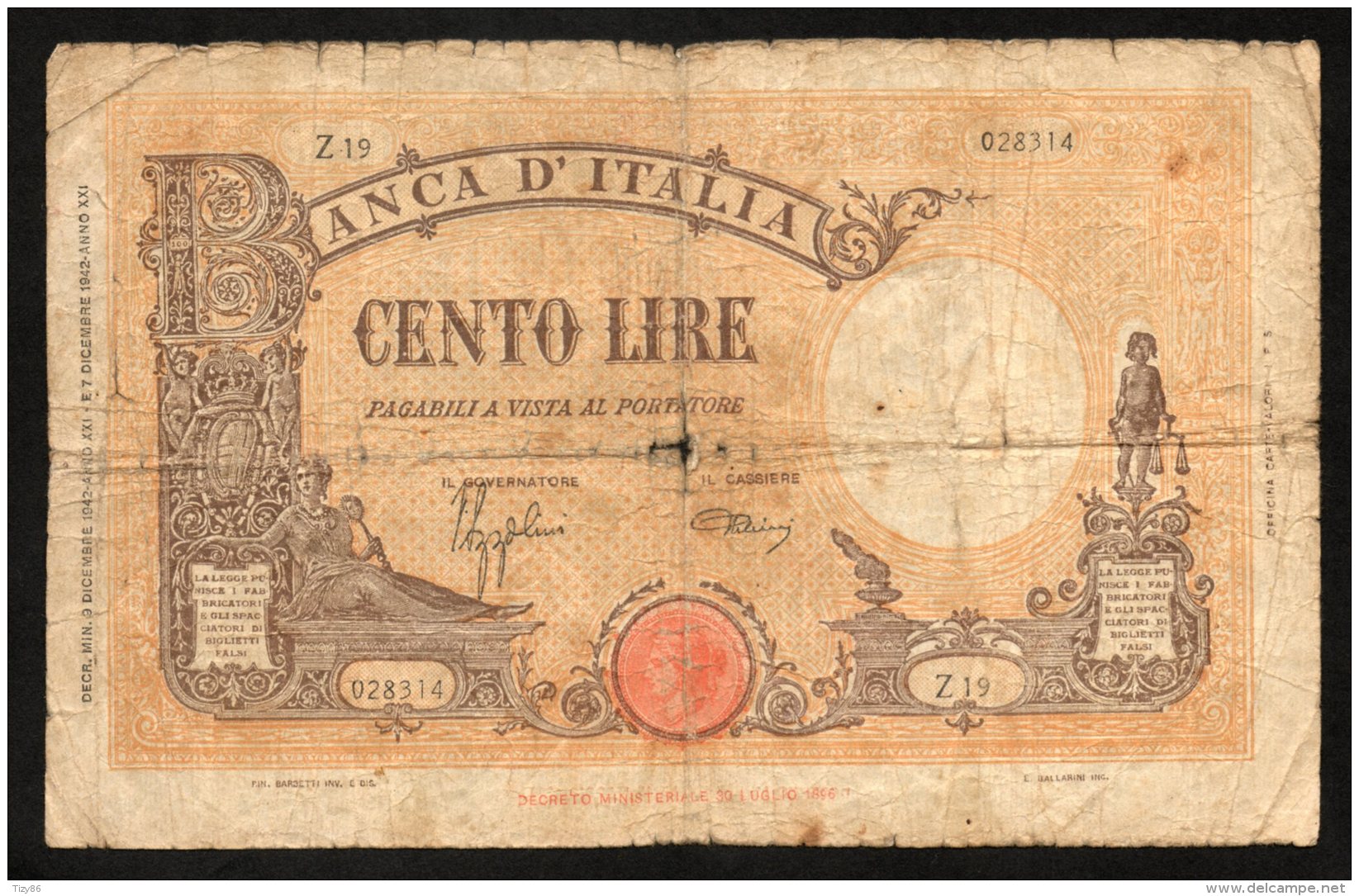 Banconota Italia 100 Lire Grande, Fascio 9/12/1942 MB - 100 Lire