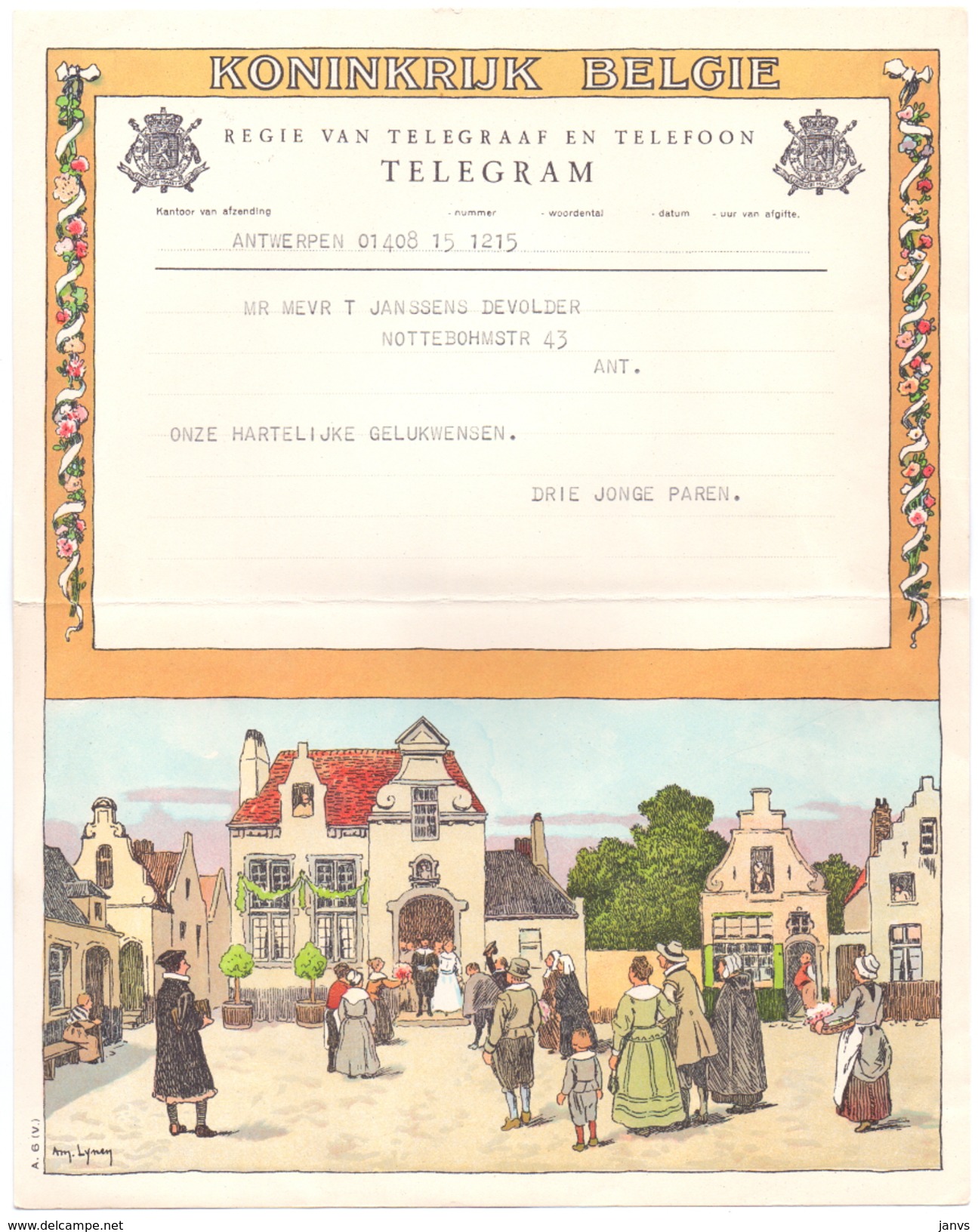 Télégrame Telegram - Antwerpen - Janssens-Devolder - Gelukwensen Drie Jonge Paren - 1959 - Telegrams