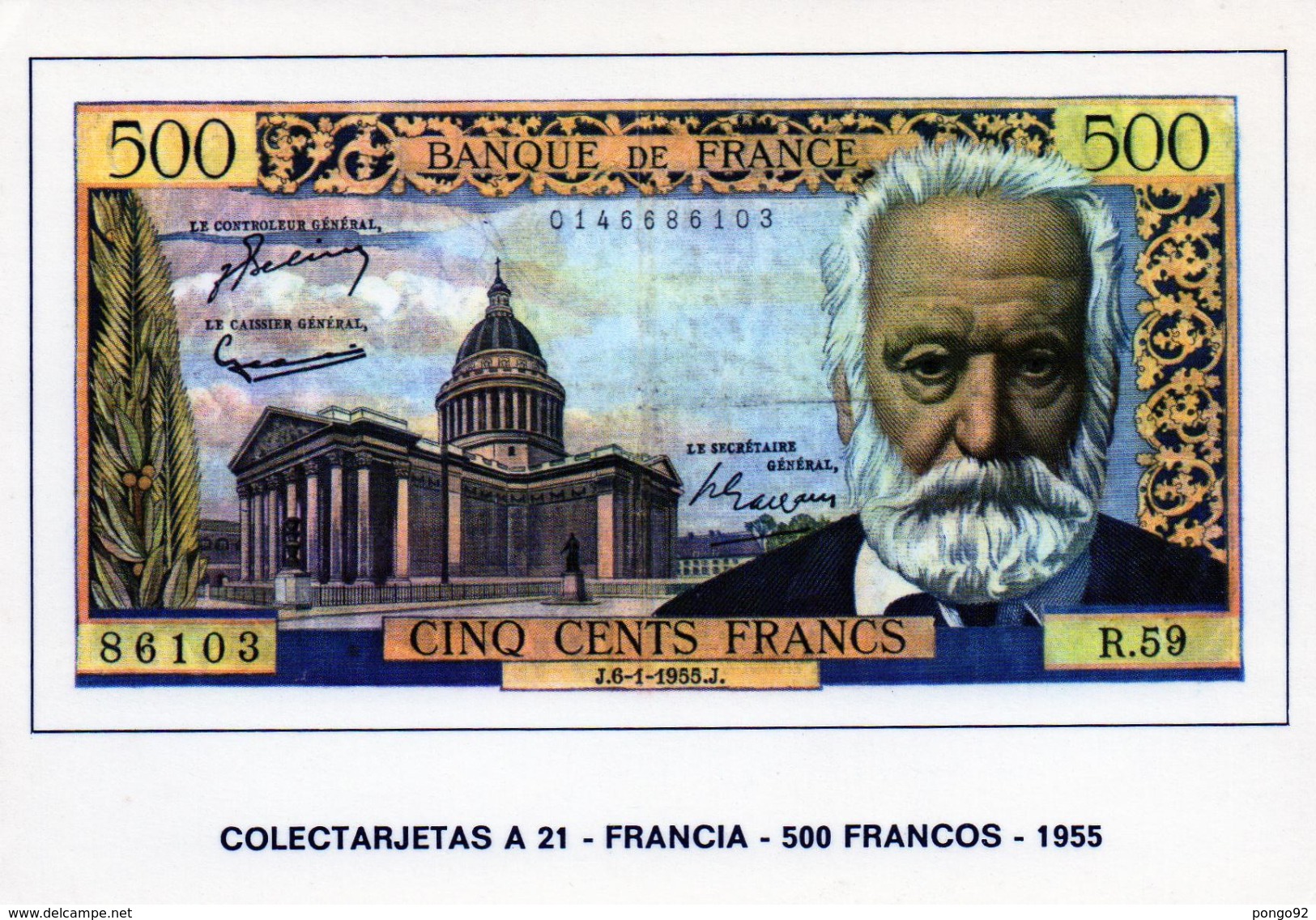 Cpsm Reproduction D'un Billet De 500 Francs 1955 (victor Hugo), (20.76) - Autres & Non Classés