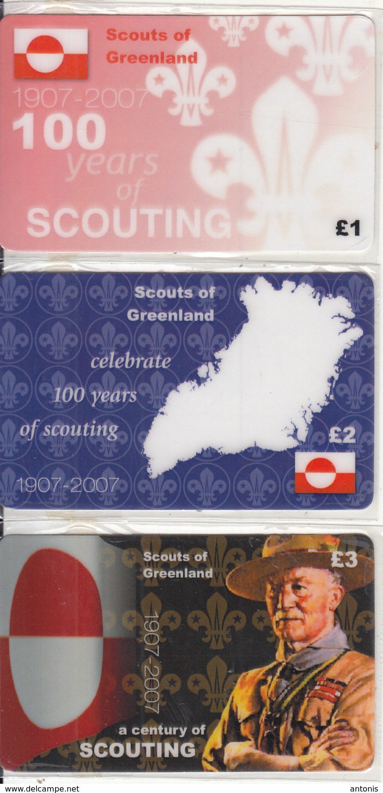 UK - 100 Years Of Scouting 1907-2007/Scouts Of Greenland, Nationwide Telecom Prepaid Cards 1-2-3 Pounds, Mint - Greenland