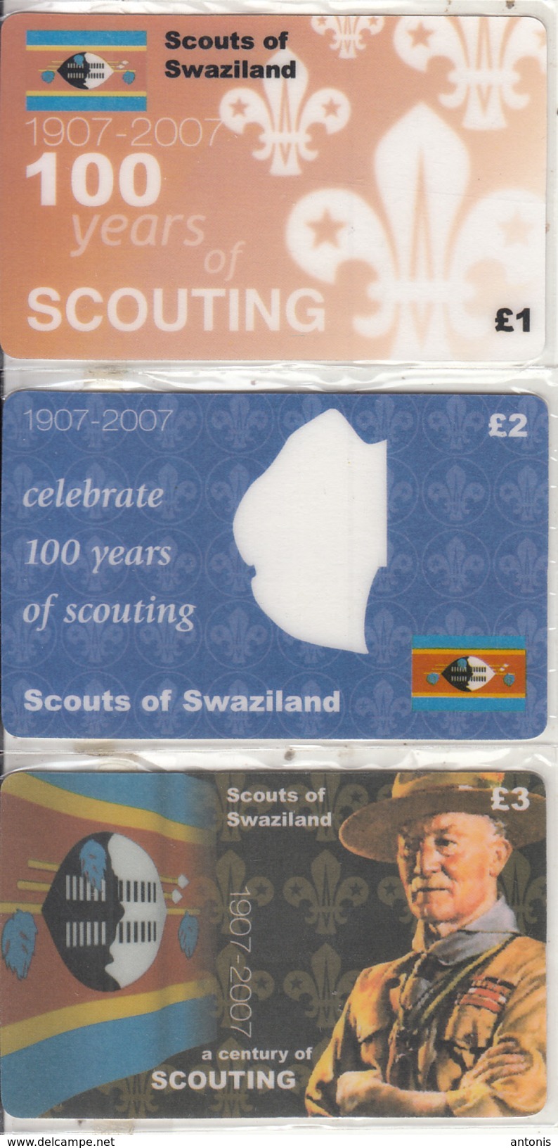 UK - 100 Years Of Scouting 1907-2007/Scouts Of Swaziland, Set Of 3 Nationwide Telecom Prepaid Cards 1-2-3 Pounds, Mint - Swaziland