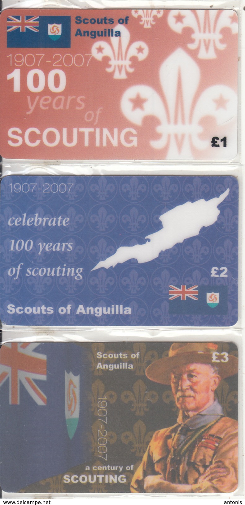 UK - 100 Years Of Scouting 1907-2007/Scouts Of Anguilla, Set Of 3 Nationwide Telecom Prepaid Cards 1-2-3 Pounds, Mint - Anguila