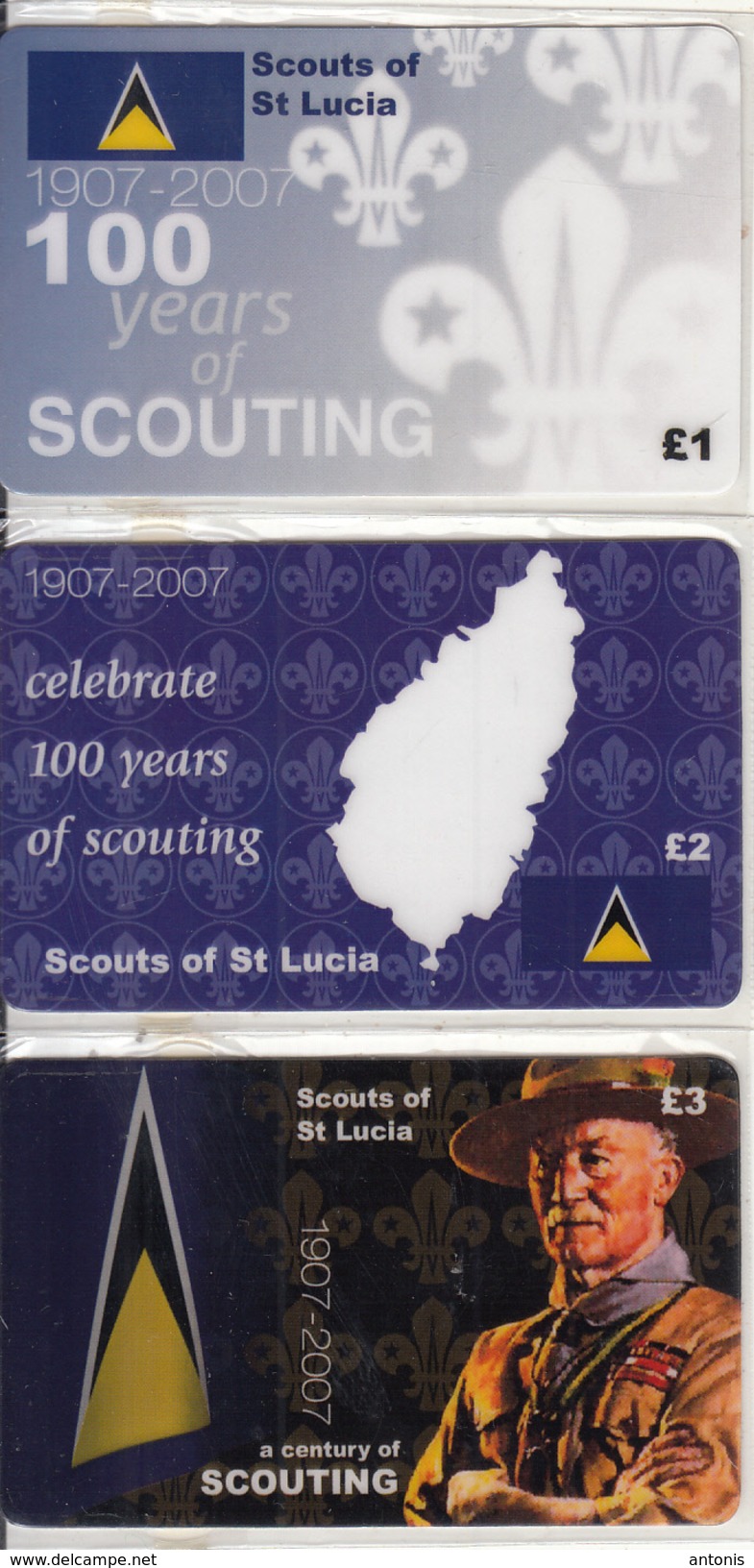 UK - 100 Years Of Scouting 1907-2007/Scouts Of St. Lucia, Set Of 3 Nationwide Telecom Prepaid Cards 1-2-3 Pounds, Mint - Saint Lucia