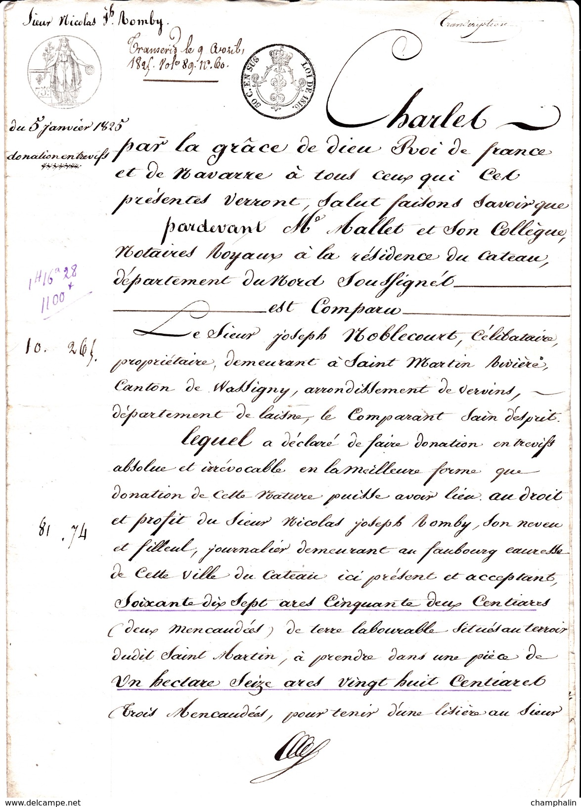 Donation Entre Vifs à Saint-Martin-Rivière (02) - 5 Janvier 1825 - Notaire Au Cateau (59) - Manuscripts