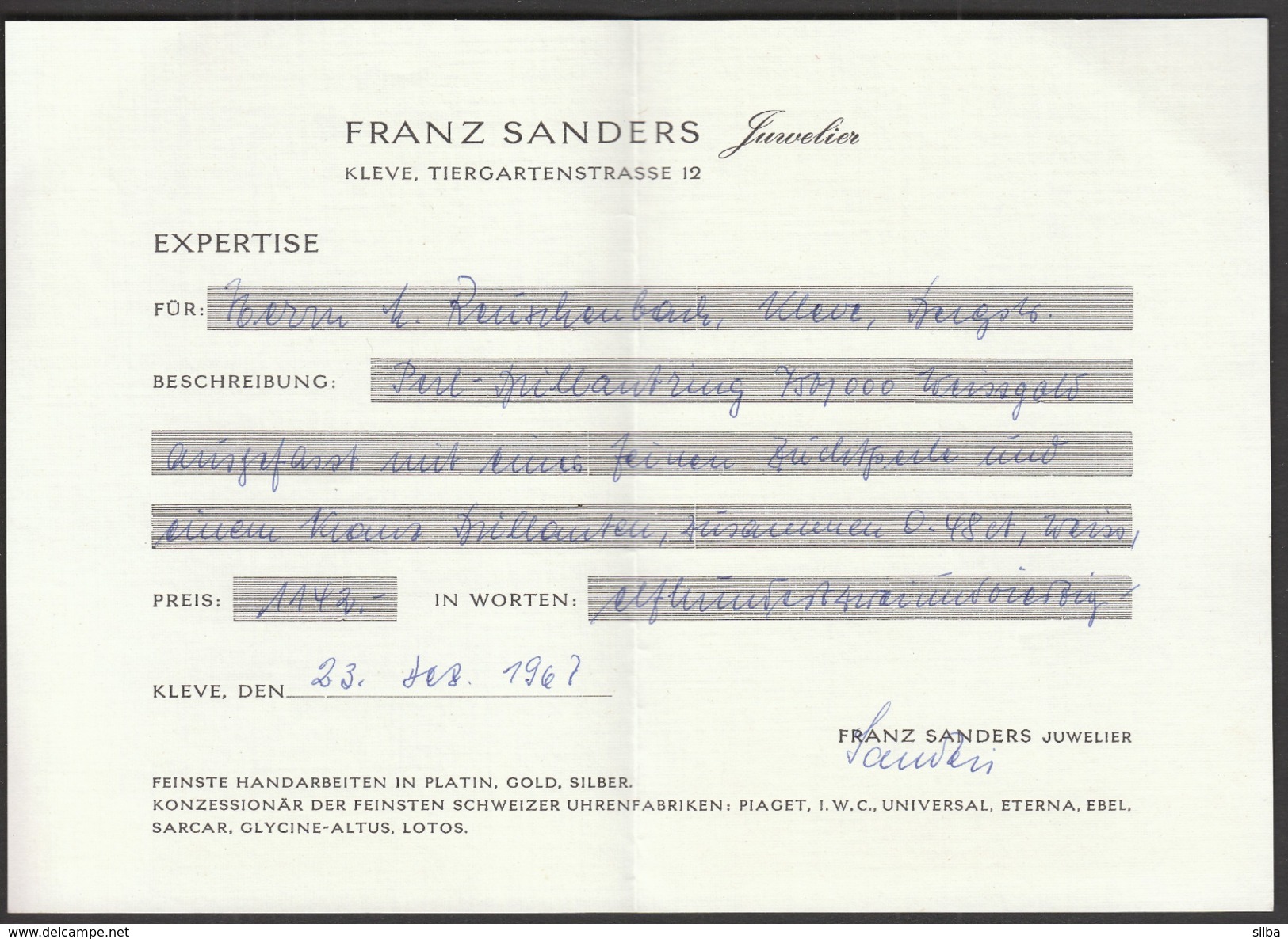 Germany Kleve 1967 / Franz Sanders Juwelier Expertise / Certificate / Perl Brillantring / Jewels - Other & Unclassified