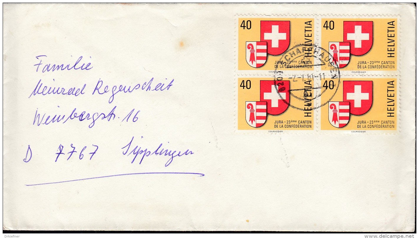 SCHWEIZ 1141, 4erBlock Auf Brief Ins Ausland Mit Stempel: 1Schaffhausen 2.1.1981 - Blocks & Kleinbögen