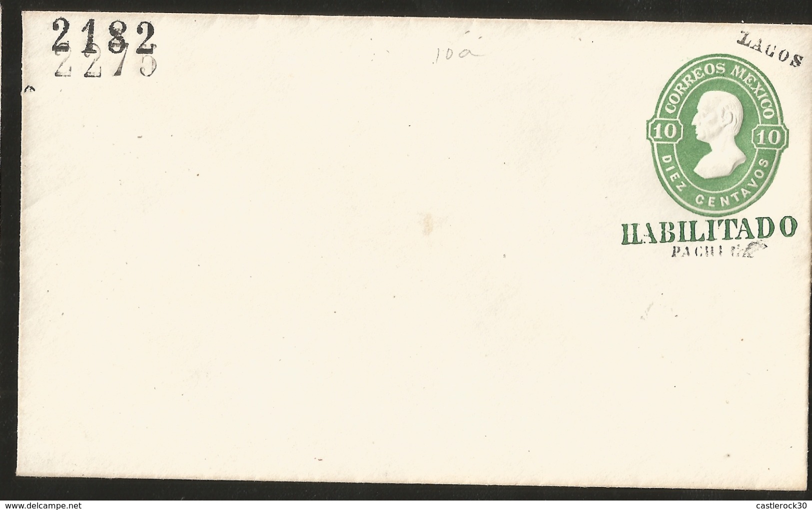 J) 1882 MEXICO, 10 CENTS GREEN, ENABLED, WITH EMBOSSED, POSTAL STATIONARY, TO LAGOS, XF - Mexico