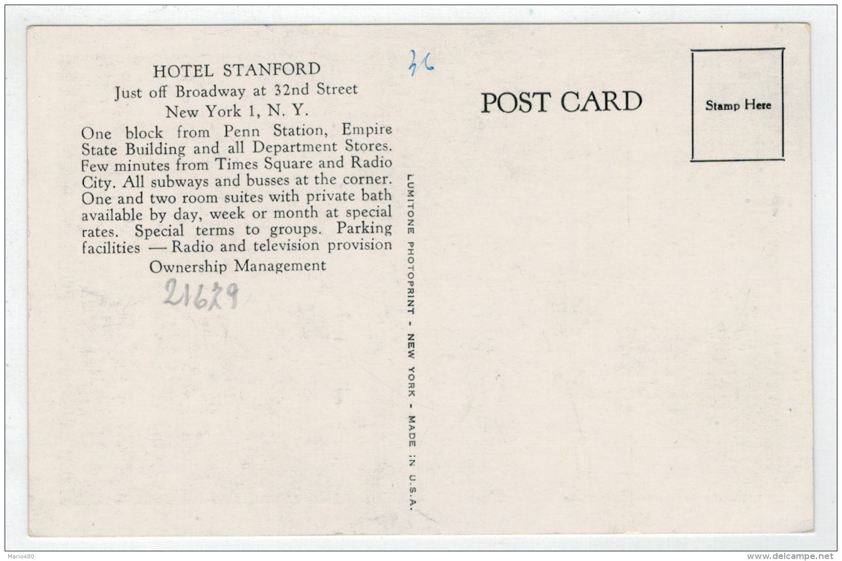 C.P. PICCOLA     NEW  YORK  CITY     HOTEL  STANFORD      2 SCAN  (NUOVA) - Cafés, Hôtels & Restaurants