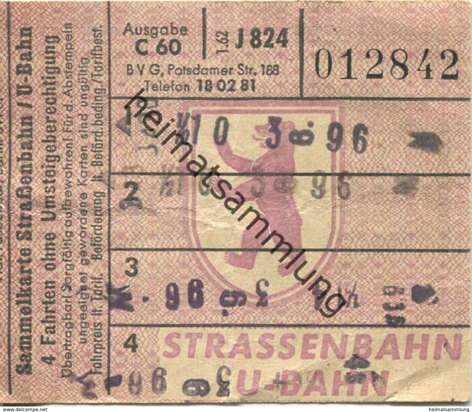 Deutschland - Berlin - BVG - Sammelkarte - Strassenbahn / U-Bahn 4 Fahrten Ohne Umsteigeberechtigung 1962 - Europe