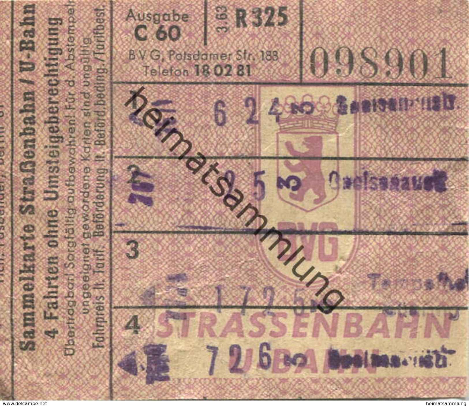 Deutschland - Berlin - BVG - Sammelkarte - Strassenbahn / U-Bahn 4 Fahrten Ohne Umsteigeberechtigung 1962 - Europe