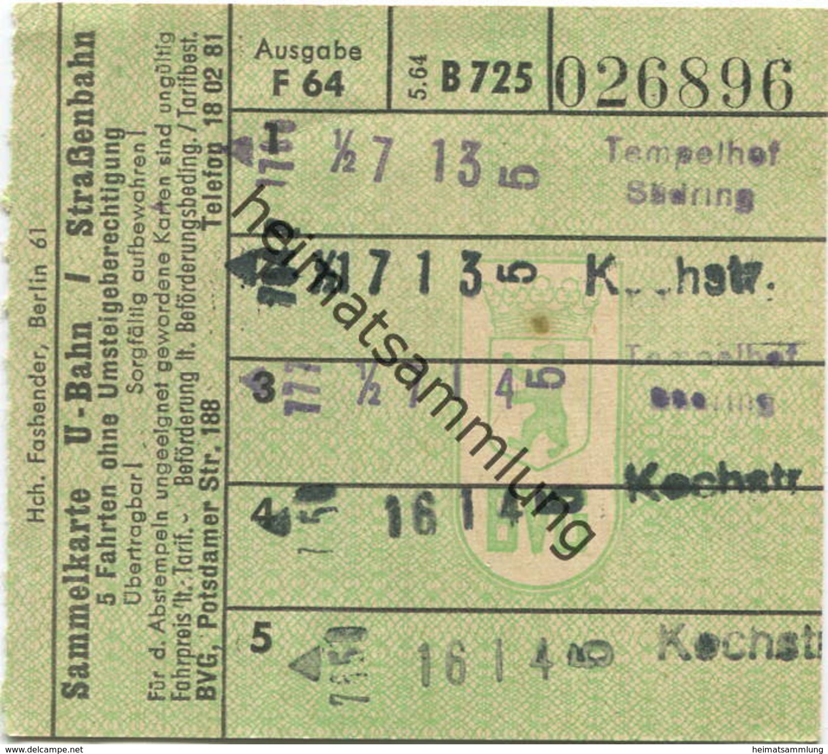 Deutschland - Berlin - BVG Sammelkarte U-Bahn / Strassenbahn 5 Fahrten Ohne Umsteigeberechtigung 1964 - Rückseitig Werbu - Europa