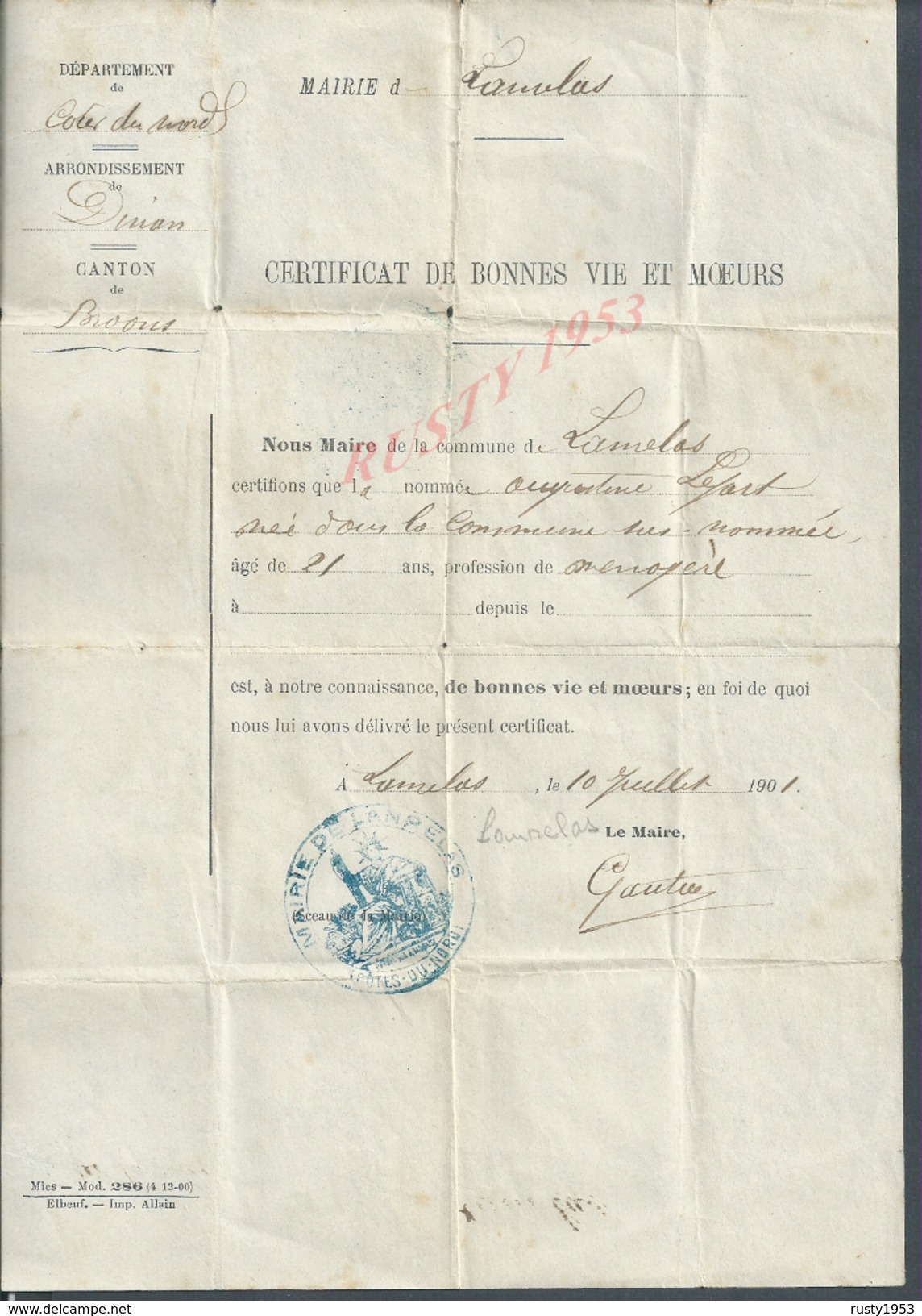 CERTIFICAT DE BONNES VIE & MOEURS MAIRIE DE LANRELAS 1901 : - Historical Documents