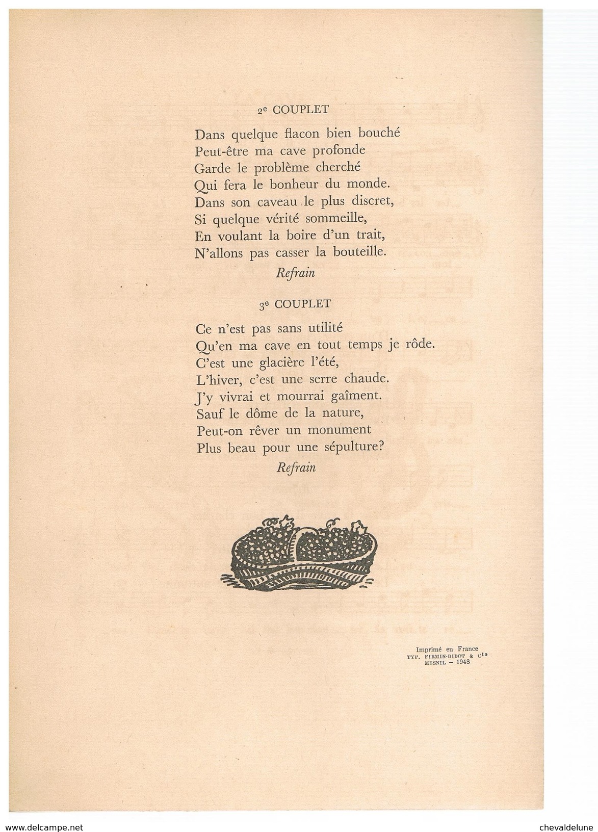 PARTITION MUSICALE : LA CAVE - REPERTOIRE DES CADETS DE BOURGOGNE - MUSIQUE ET PAROLES DE PIERRE DUPONT 1948 - Scores & Partitions