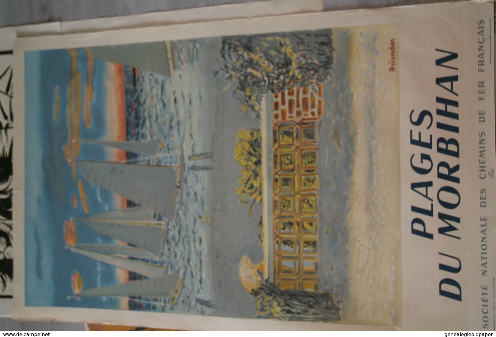 56- AFFICHE SNCF - CHEMINS DE FER- PLAGES DU MORBIHAN - ILLUSTRATEUR BRIANCHON -1950  RARE - Posters