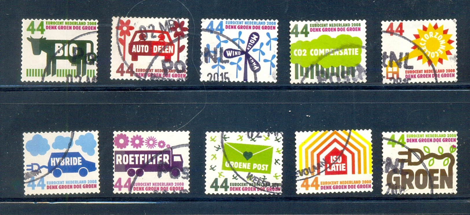 NETHERLANDS SERIE 10v YEAR 2008 ENVIRONMENTAL PROTECTION * THINK GREEN * COW BIO TRANSPORT HYBRIDE * SELF ADH USED - Gebruikt