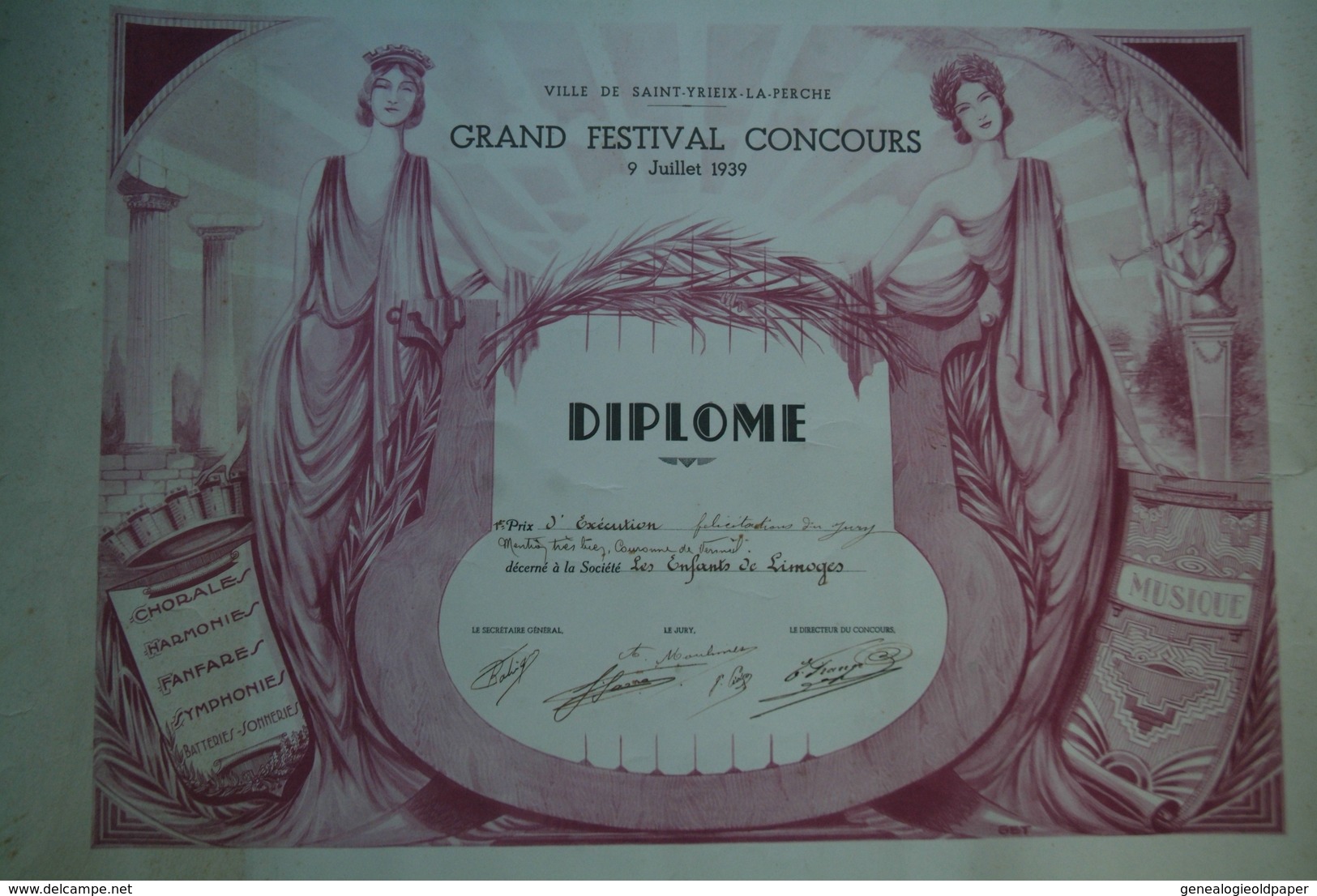 87 -ST SAINT YRIEIX LA PERCHE-DIPLOME GRAND FESTIVAL CONCOURS MUSIQUE-CHORALE-FANFARE-LES ENFANTS LIMOGES- 1ER PRIX 1939 - Diploma & School Reports