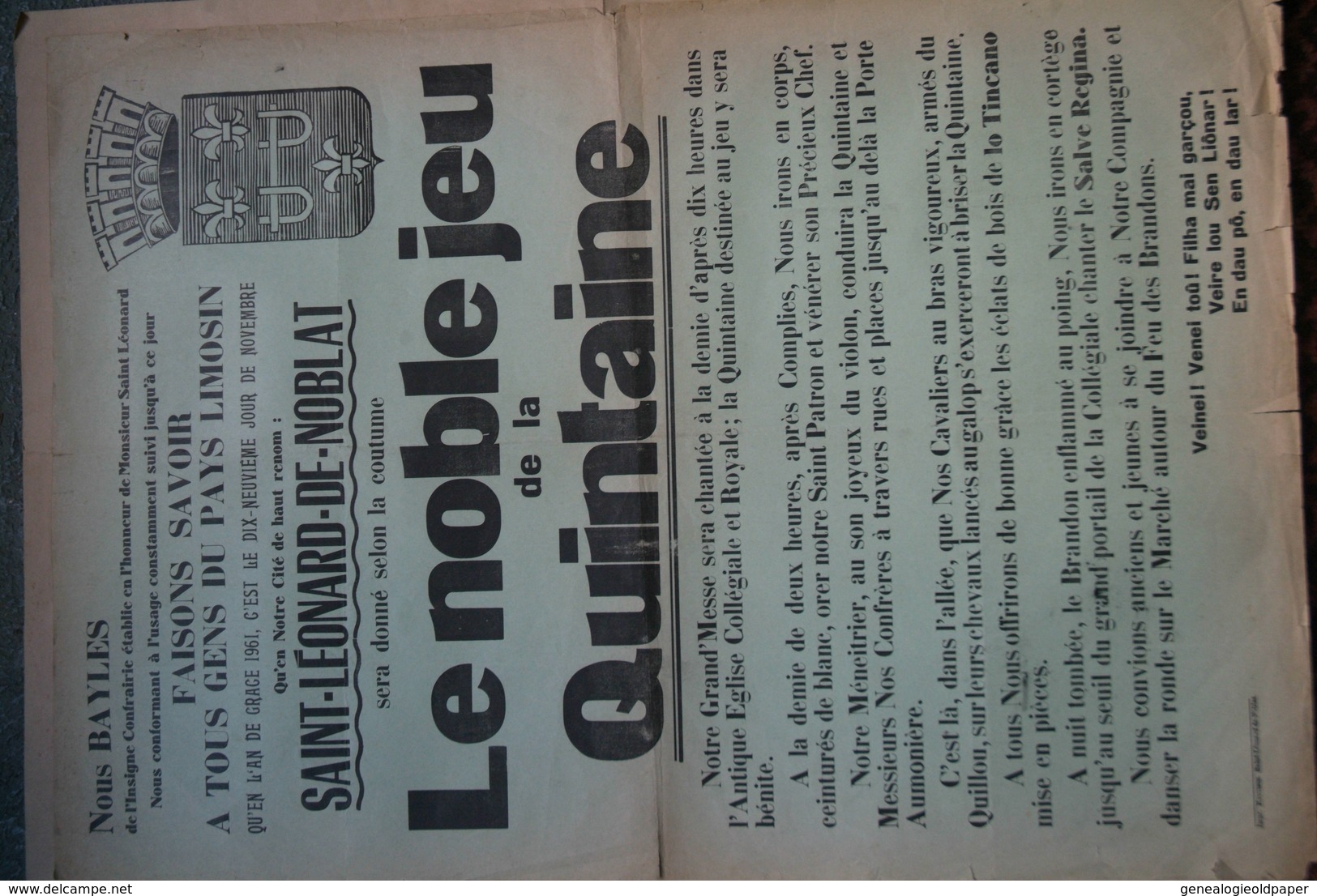 87 -ST SAINT LEONARD NOBLAT-RARE AFFICHE LE NOBLE JEU DE LA QUINTAINE- 1961-BAYLES MESSE EGLISE -IMPRIMERIE MONTIBUS - Posters