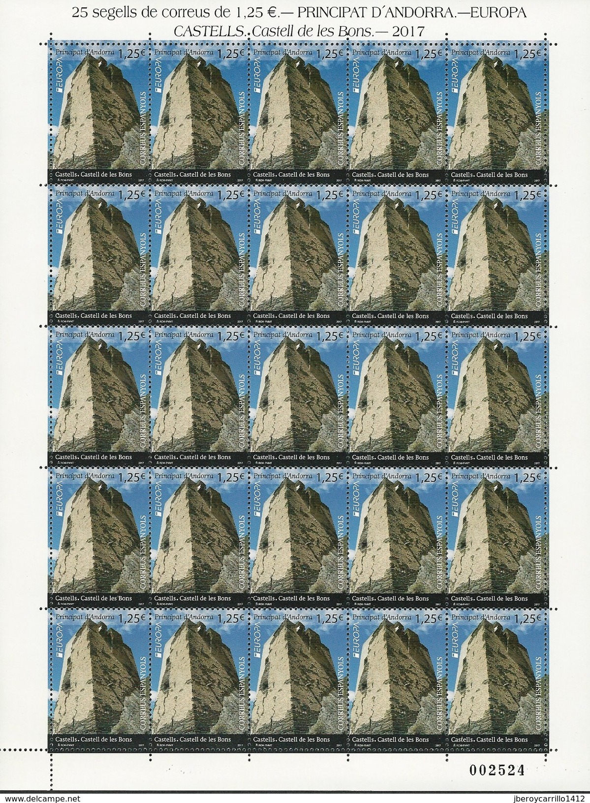 ANDORRA ESPAÑOLA/ ANDORRA SPANISH -EUROPA-CEPT 2017.-TEMA:"CASTILLOS -CASTLES-SCHLÖSSER".- SERIE 1 V.- HOJA BLOQUE De 25 - 2017