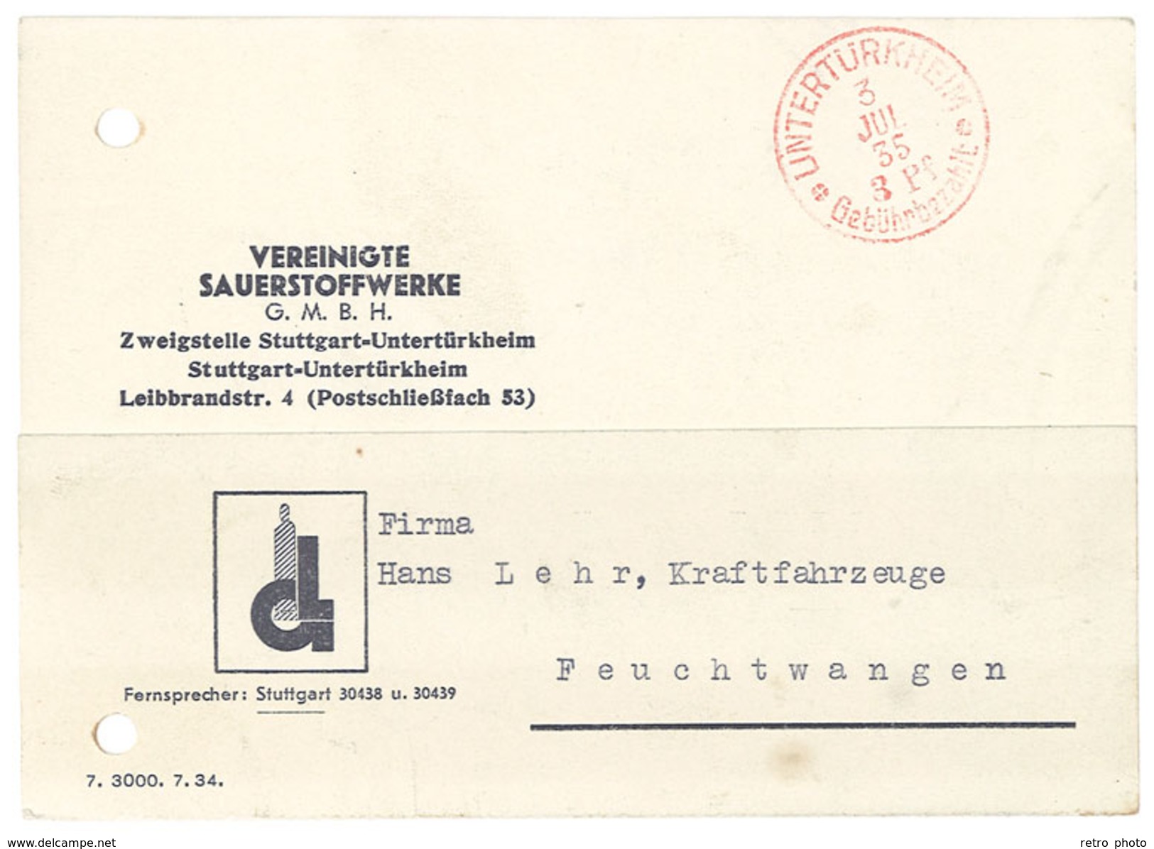 Carte Commerciale Allemagne - Vereinigte Sauerstoffwerke, Stuttgart - Advertising