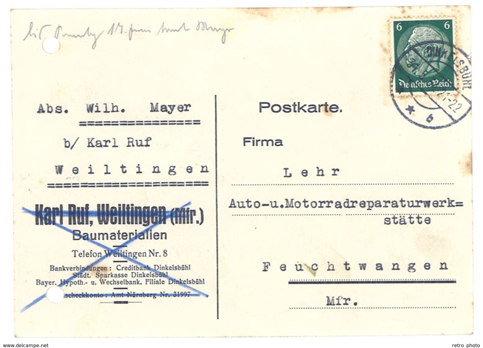 Carte Commerciale Allemagne - Karl Ruf, Weiltingen, Baumaterialien - Advertising