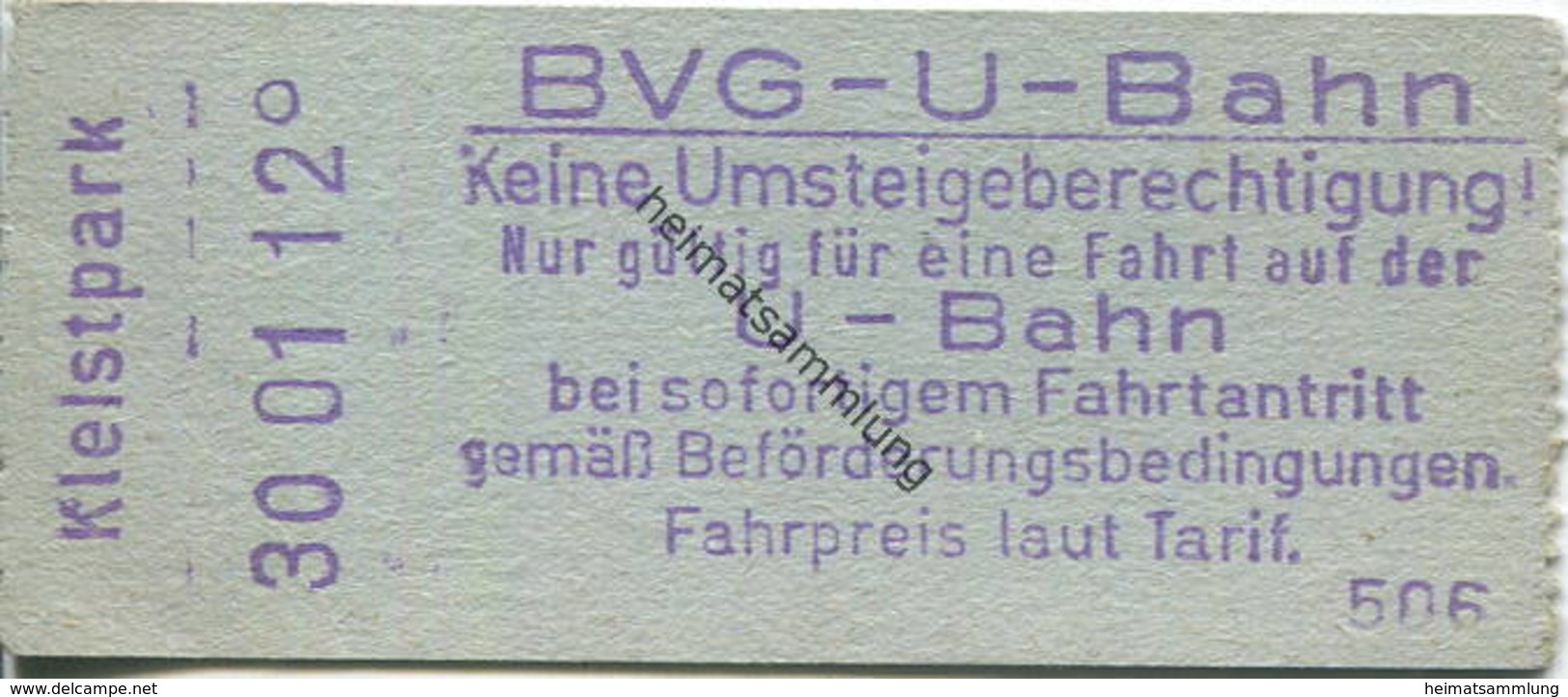 Deutschland - Berlin - BVG U-Bahn - U-Bahn Fahrschein - Turmstrasse - Rückseitig Zudruck BVG-Adresse Und Fahrpreis - Europa