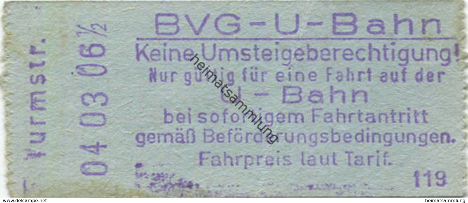 Deutschland - Berlin - BVG U-Bahn - U-Bahn Fahrschein - Kleistpark - Rückseitig Zudruck BVG-Adresse Und Fahrpreis - Europe