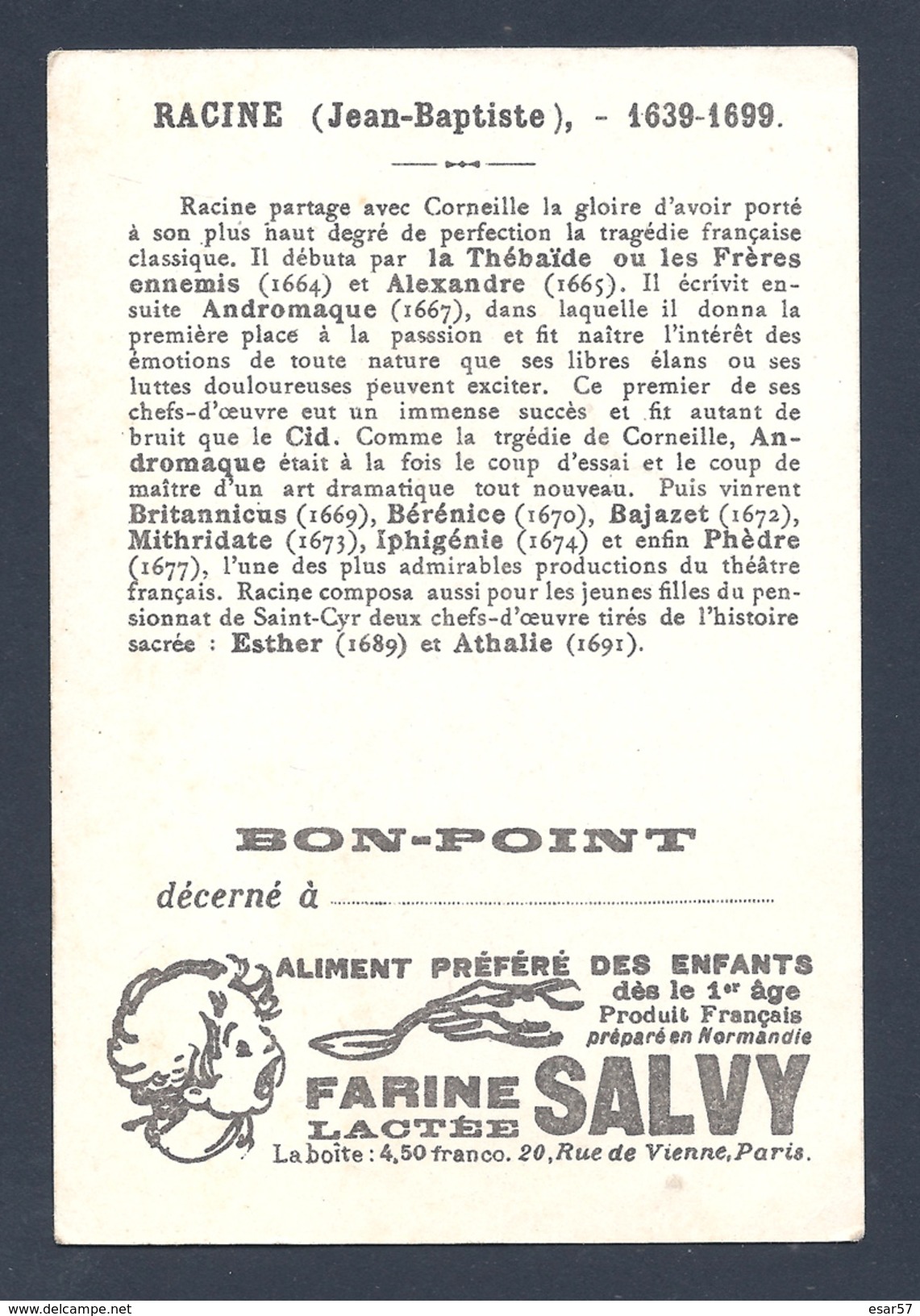 Chromo - Bon Point - Farine Lactée Salvy - Les Grands Poètes - Jean-Baptiste Racine - Andromaque - Altri & Non Classificati