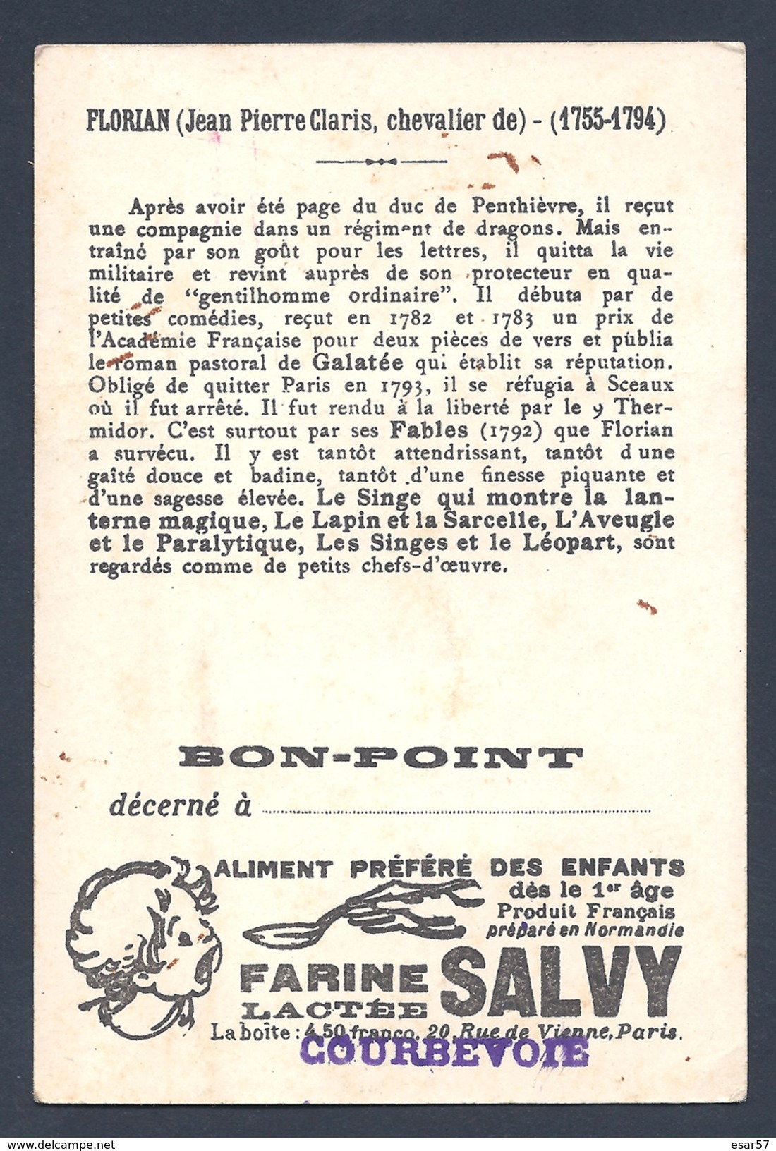 Chromo - Bon Point - Farine Lactée Salvy - Les Grands Poètes - Jean-Pierre Claris De Florian - L'aveugle Et Le Paralytiq - Other & Unclassified