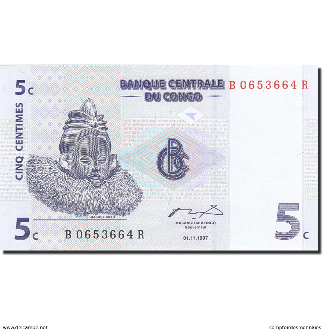 Billet, Congo Democratic Republic, 5 Centimes, 1997, 1997-11-01, KM:81a, SPL - Republiek Congo (Congo-Brazzaville)