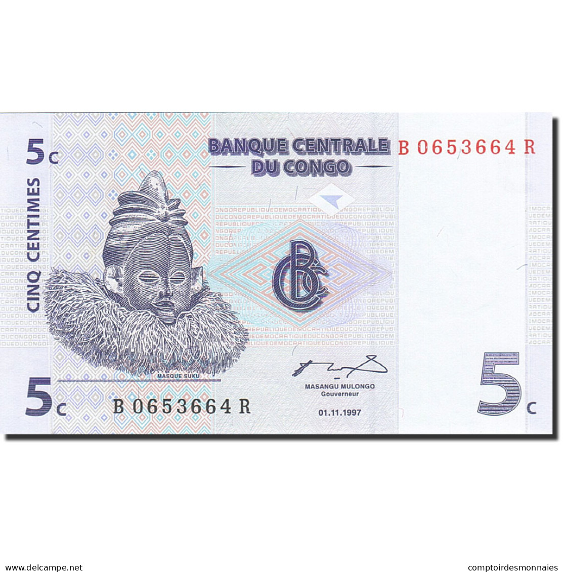 Billet, Congo Democratic Republic, 5 Centimes, 1997, 1997-11-01, KM:81a, SPL - Republik Kongo (Kongo-Brazzaville)