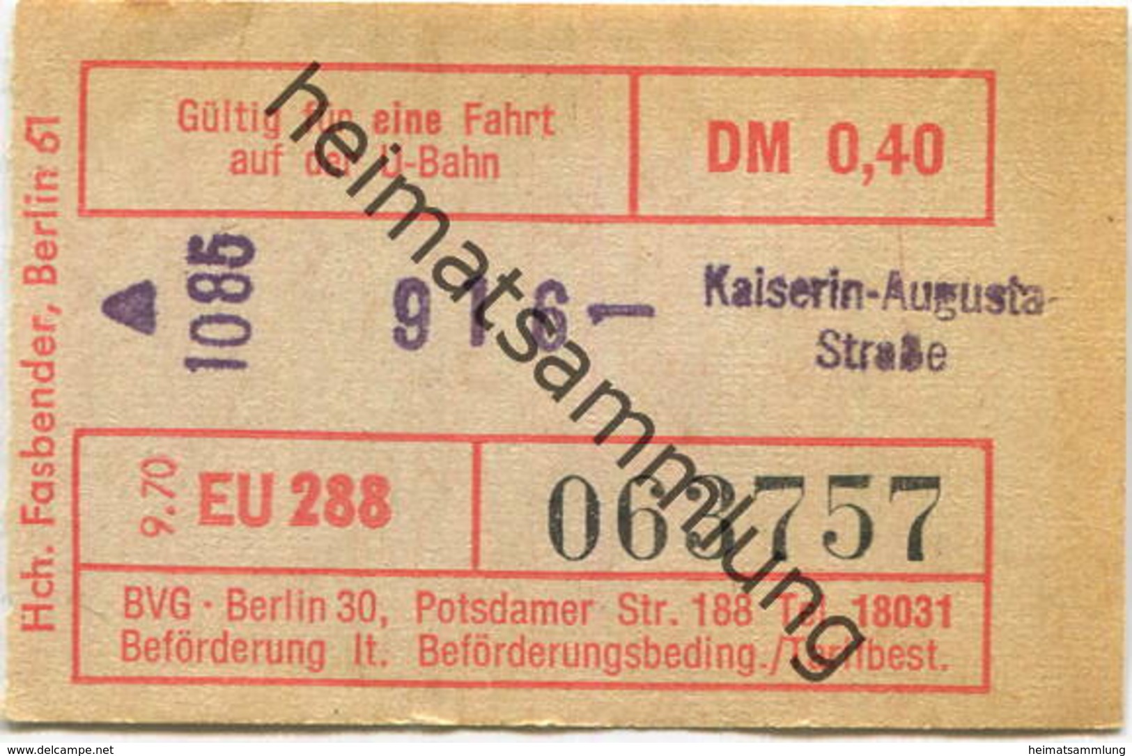 Deutschland - Berlin - U-Bahn Fahrschein BVG-Berlin 1970 - Kaiserin-Augusta-Straße - Europa