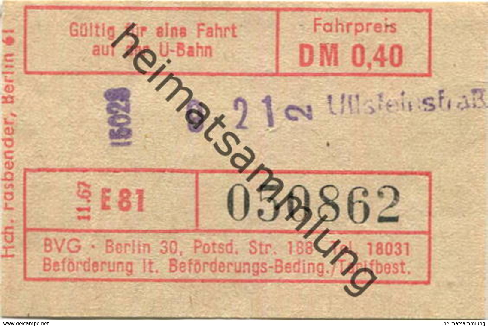 Deutschland - Berlin - U-Bahn Fahrschein BVG-Berlin 1967 - Ullsteinstraße - Europa