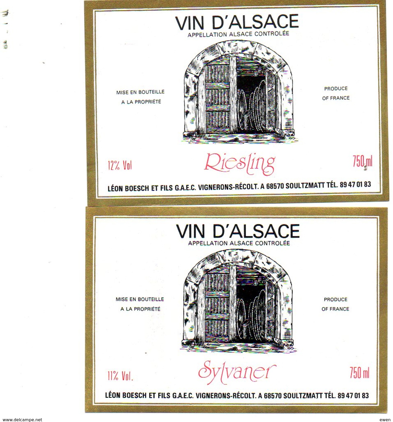 2 Etiquettes Vin D'Alsace Léon Boesch Vignerons à Soultzmatt. Riesling Et Sylvaner. Années 80. - Witte Wijn