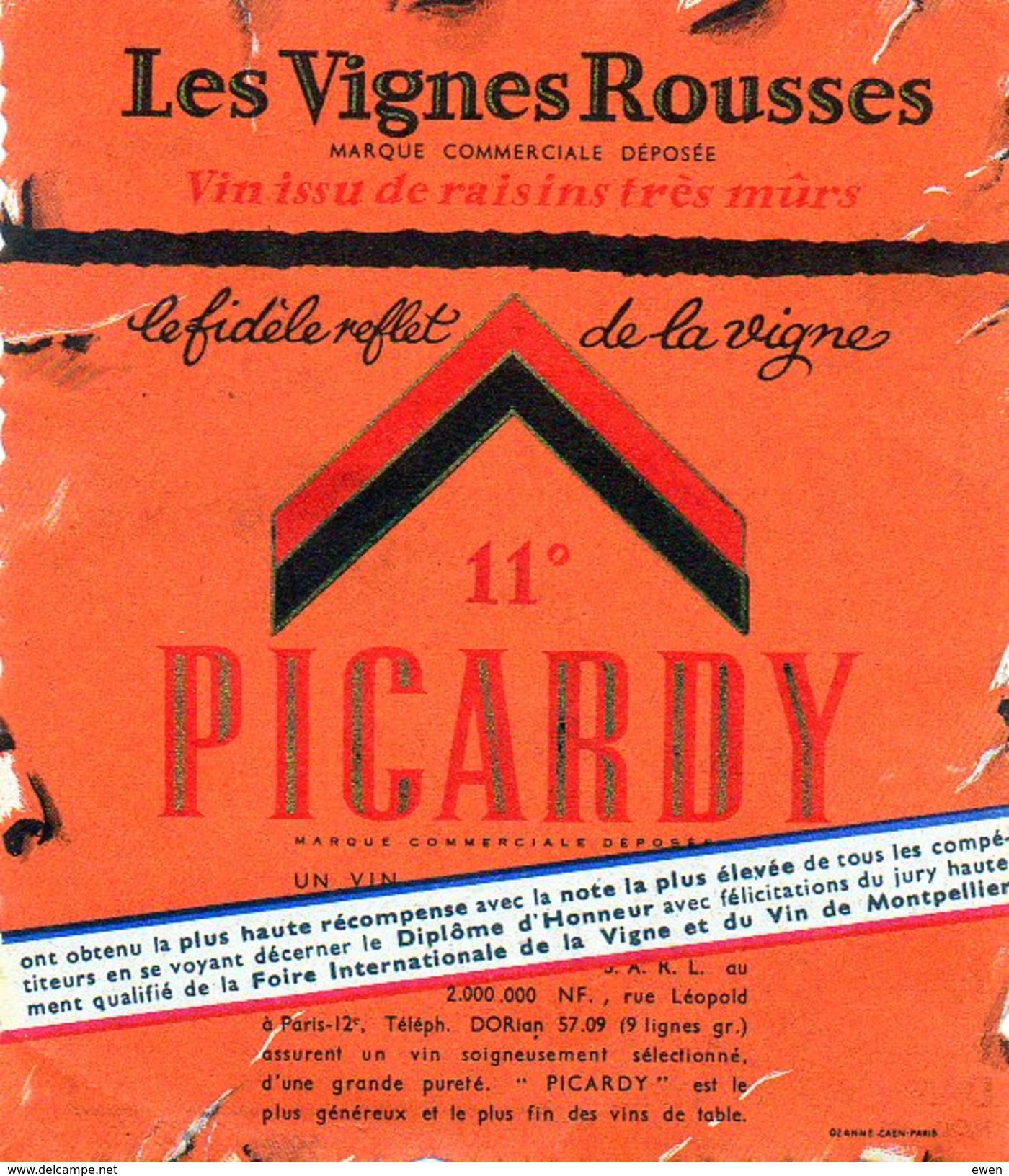 Etiquette De Vin Picardy Années 60. Les Vignes Rousses. - Otros & Sin Clasificación