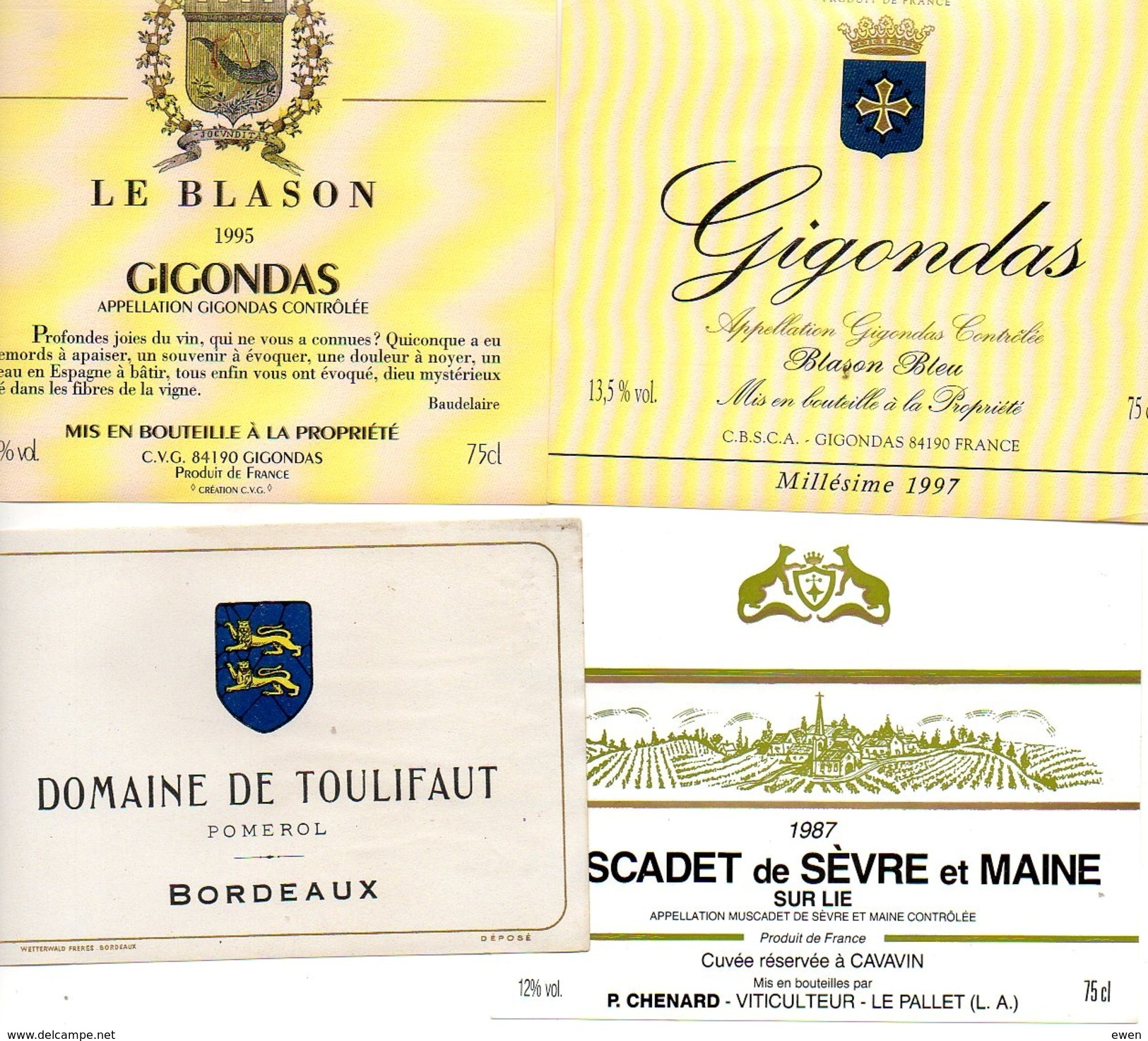 Lot De 4 Etiquettes De Vin. Gigondas, Muscadet, Pomerol. - Collections & Sets