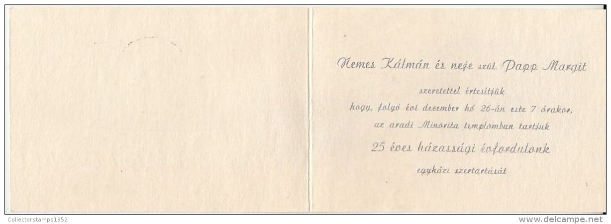 59209- SILVER WEDDING ANNIVERSARY INVITATION, 2 PARTS FOLDED, ROMANIA - Boda