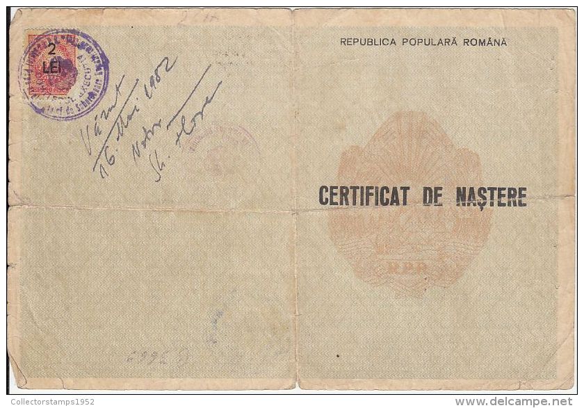 5140FM- BIRTH CERTIFICATE, REVENUE STAMP, 1952, ROMANIA - Historical Documents