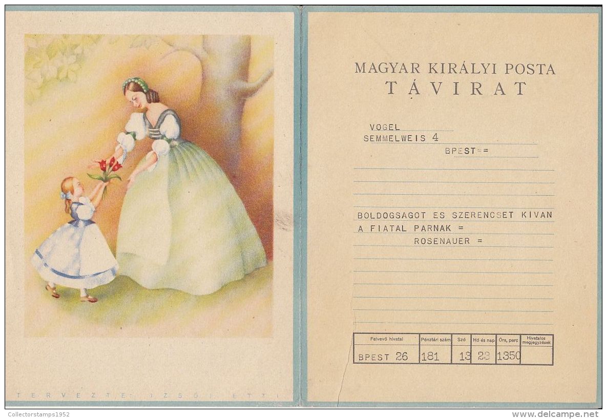 5160FM- MOTHER AND DAUGHTER WITH FLOWERS, USED TELEGRAMME, HUNGARY - Télégraphes