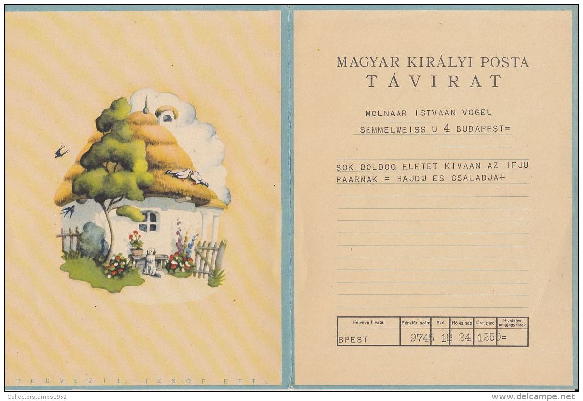 5161FM- VILLAGE HOUSE, DOG, BIRDS, USED TELEGRAMME, HUNGARY - Télégraphes