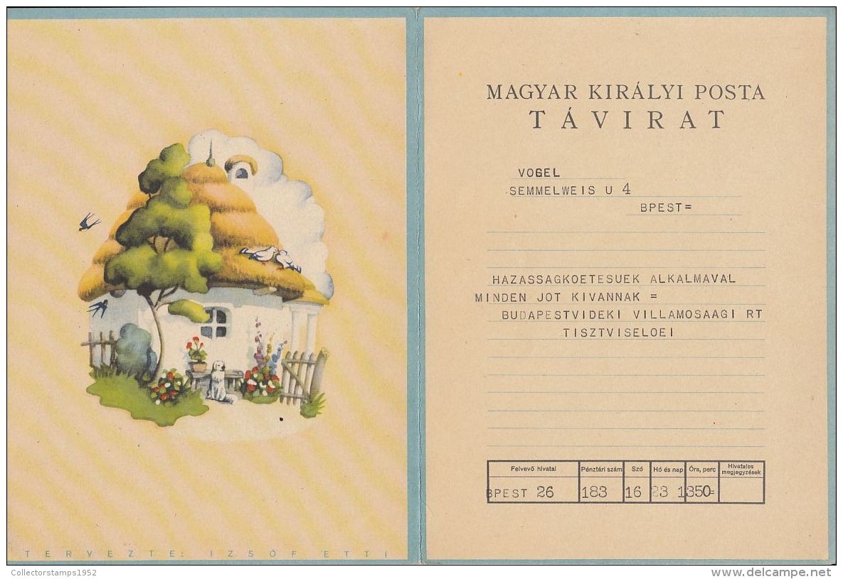 5162FM- VILLAGE HOUSE, DOG, BIRDS, USED TELEGRAMME, HUNGARY - Télégraphes