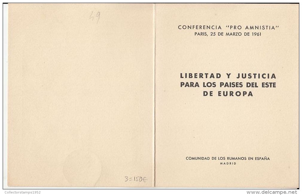 5166FM- LIBERTY AND JUSTICE FOR EASTERN EUROPEAN COUNTRIES, MADRID EXILE, BOOKLET, 3X, 1961, ROMANIA - Storia Postale