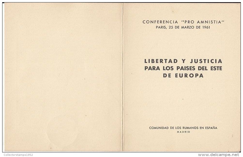 5166FM- LIBERTY AND JUSTICE FOR EASTERN EUROPEAN COUNTRIES, MADRID EXILE, BOOKLET, 3X, 1961, ROMANIA - Storia Postale