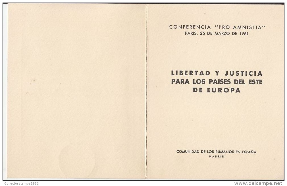 5166FM- LIBERTY AND JUSTICE FOR EASTERN EUROPEAN COUNTRIES, MADRID EXILE, BOOKLET, 3X, 1961, ROMANIA - Storia Postale